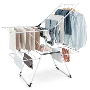 Costway Foldable Clothes Drying Rack 2-level Laundry Drying Rack w/ Adjustable Wings & Useful Clips Stable A-shaped Stainless Steel Frame