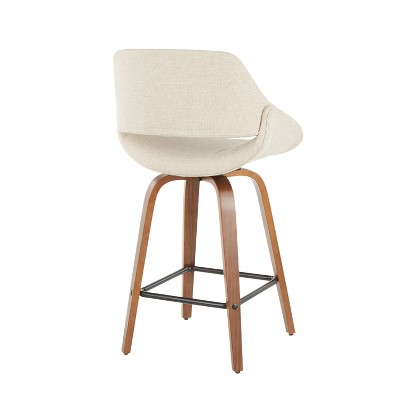 Walnut and Cream Fabric Mid-Century Modern Swivel Counter Stool, Set of 2