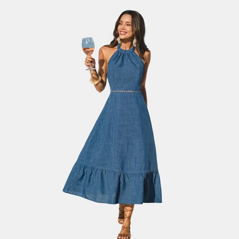 Женские платья Cupshe Women's Halter Maxi Dress with Waist Embellishment-L-Blue