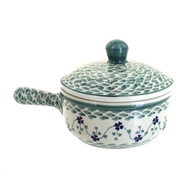 Blue Rose Polish Pottery Sage Floral Sauce Pot with Lid