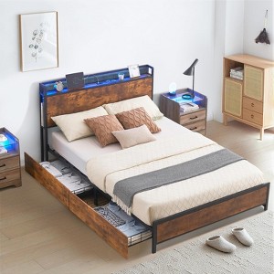 EcoSummer Queen Bed Frame with Storage Headboard, 4 Drawers, Charging Station & RGB LED, Metal Platform Bed, No Box Spring Needed, Vintage Brown - 1 of 4