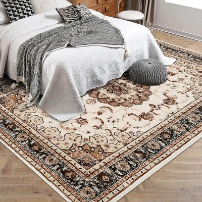 Garvee Floral Print Area Rugs --Washable Boho Rug, Non Slip Carpet for Living Room Bedroom Kitchen Soft Low-Pile Rug, Beige