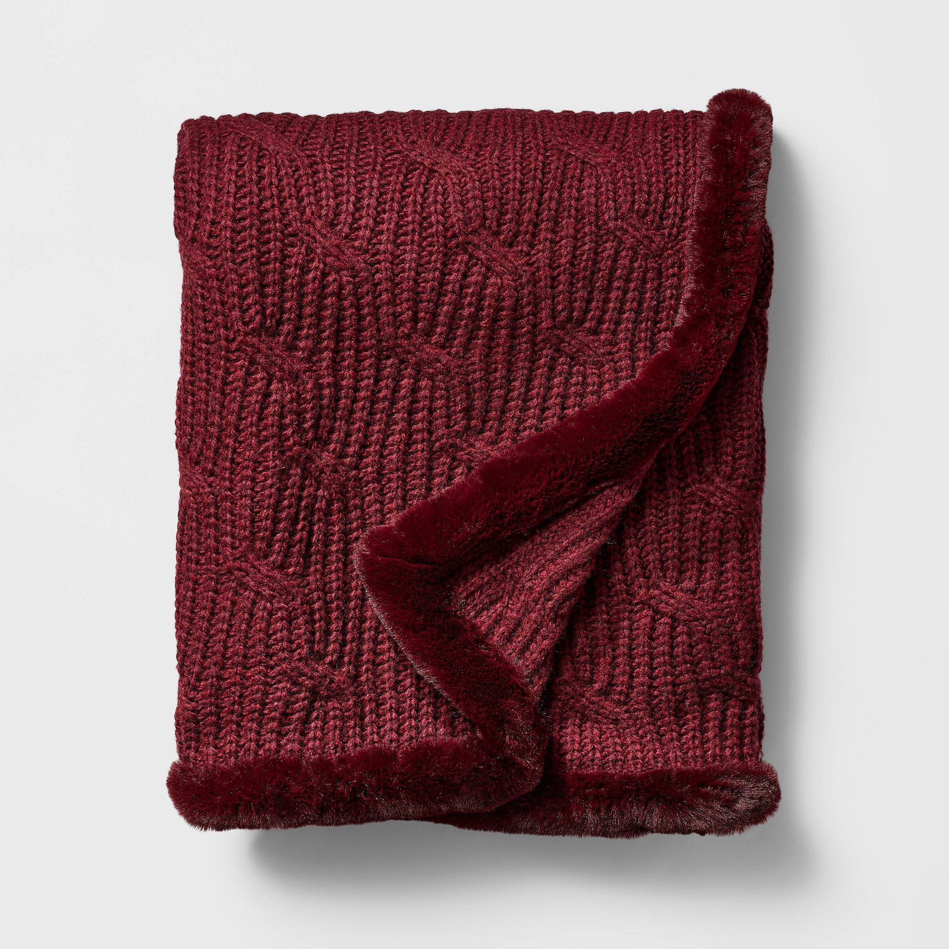Burgundy Cable Throw Blanket with Faux Fur Trim - Threshold™ designed with Studio McGee