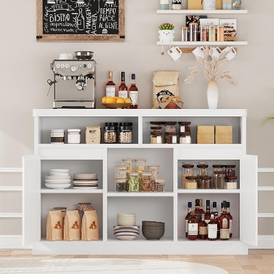 Garvee Fluted Sideboard Buffet Cabinet with Adjustable Shelves Modern White Wood Console for Living Room Dining Hallway, White