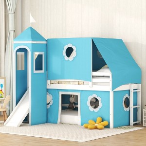 Okak Twin Wood Bunk Bed with Tower, Tent, Ladder and Slide, House Bunk Bed for Toddler Kids Teens Easy Assemble No Box Soring Needed, Blue - 1 of 4