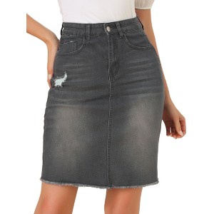 INSPIRE CHIC Women's Basic Distressed High Waist Ripped Hem Washed Jeans Skirt - 1 of 4