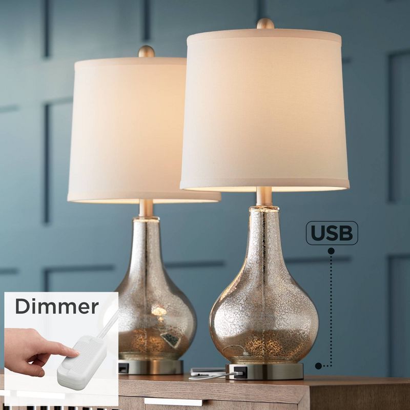 360 Lighting Ledger Modern Accent Table Lamps 21 3/4" High Set of 2 Mercury Glass with USB Charging Port Table Top Dimmers Off-White Shade for Desk, 2 of 10
