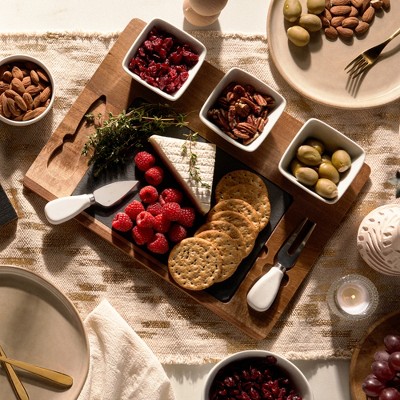 Acacia Wood and Slate Cheese Board Set with Ceramic Bowls