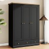 3 Door Wardrobe Clothing Armoire Closet Storage Cabinet with 2 Drawers, Hanging Rails and Storage Shelf, Black+Natural-ModernLuxe - 3 of 4