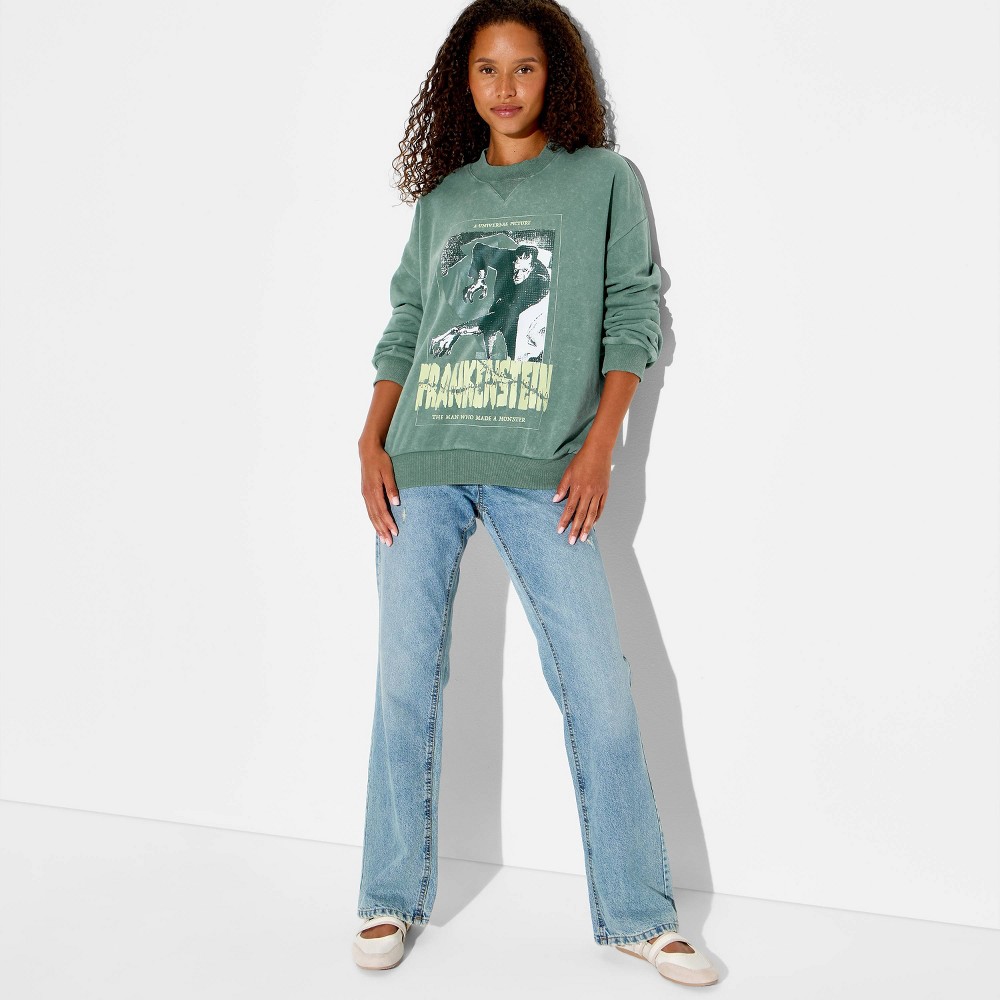 Women's Crewneck Frankenstein Graphic Pullover Sweatshirt - Sage Green XXS