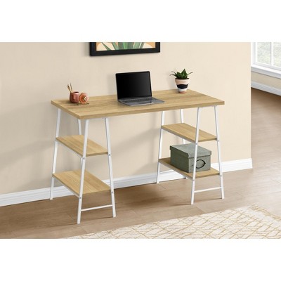 Vynxaria Computer Desk, Home Office, Laptop, Storage Shelves, 48"l, Work, Natural Laminate, White Metal, Contemporary, Modern