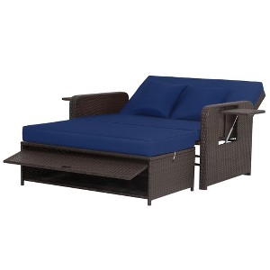 Tangkula Rattan Loveseat Set Daybed Lounge Storage Ottoman Side Tables Adjust Patio Navy - 1 of 4