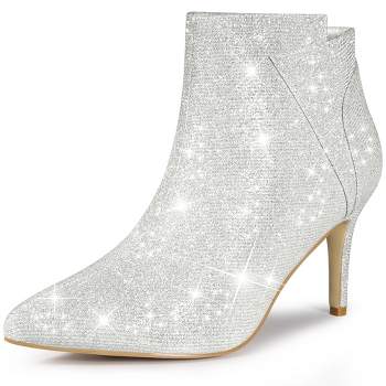 Allegra K Women's Glitter Pointed Toe Side Zip Stiletto Heel Ankle Boots