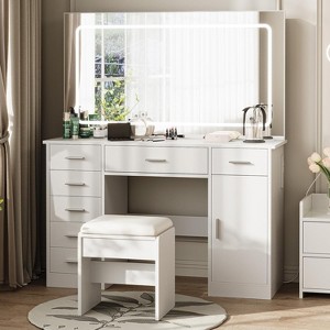 Vanity Desk with Large Mirror and Lights, Makeup Vanity with Power Outlet, 7 Drawers & Cushioned Stool, 3 Lighting Color Adjustable - 1 of 4