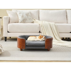 Gulches Scandinavian Elevated Small Pet Sofa, Walnut Wood Legs & Bent Back, Dark Grey Velvet Cushion, Orthopedic Support, Easy Assembly - 1 of 4