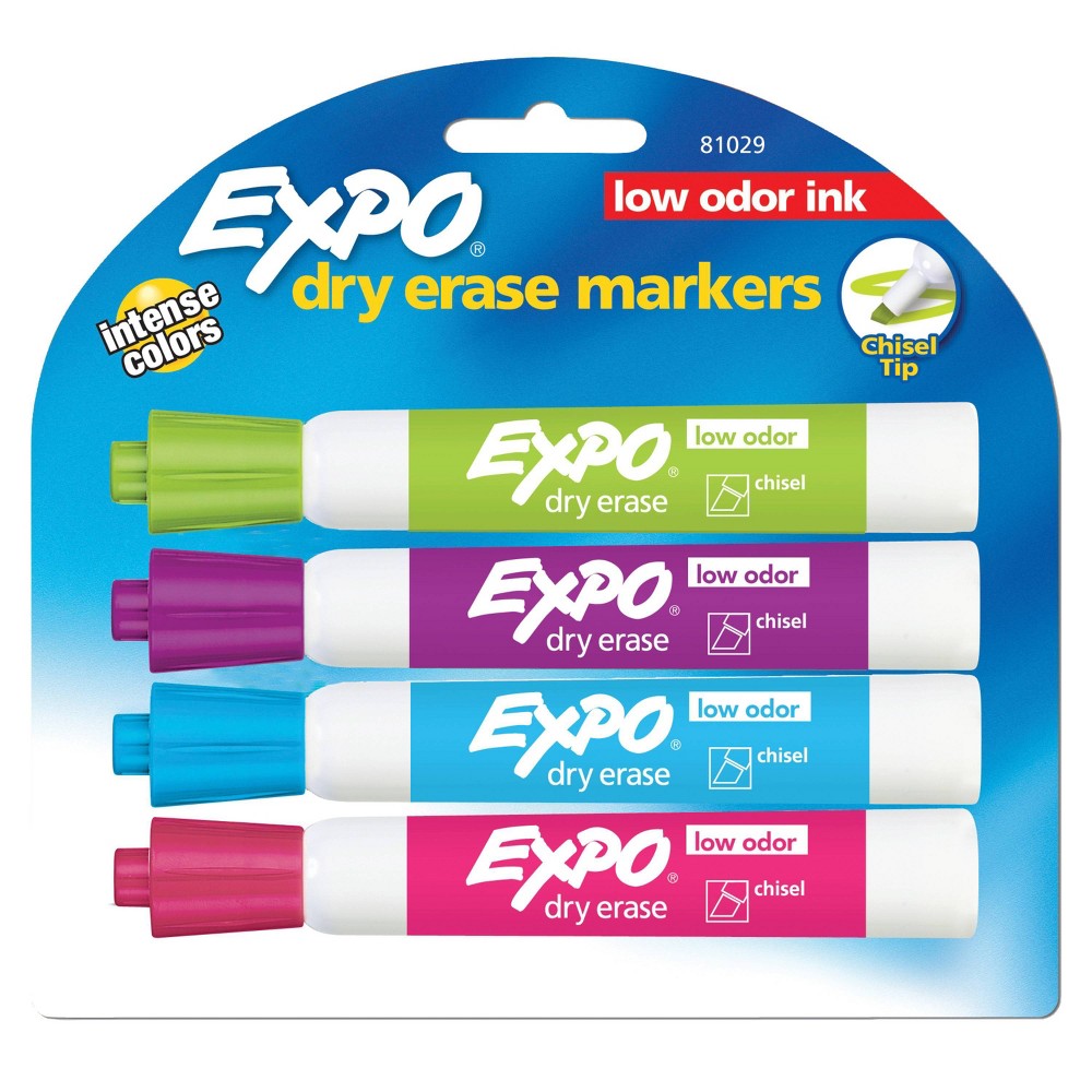 Expo 4pk Dry Erase Markers Chisel Tip Tropical Multicolored Expo Low Odor Dry Erase Markers feature vivid ink in tropical colors that are easy to see from a distance and provide consistent color quality. These Expo dry erase markers erase cleanly and easily from whiteboards and other nonporous surfaces with a dry cloth or Expo eraser. The dry erase marker ink is specially formulated to be low-odor making it perfect for use in classrooms, offices and homes. Use your colorful Expo dry erase markers to track, schedule and present.