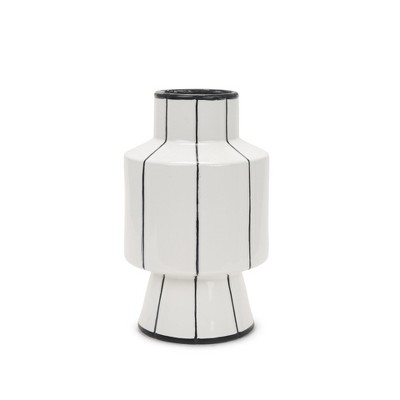 HomeRoots 13" White And Black Striped Ceramic Cylinder Table Vase