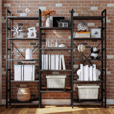 Triple Column 5 Tier Bookshelf, Freestanding Tall Display Shelves, Adjustable Rustic Industrial Style Book Shelves, Modern Bookshelves for Bedroom