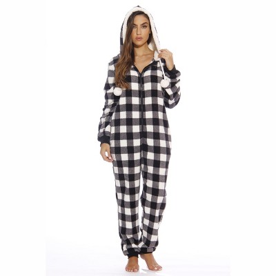 Just Love Womens One Piece Buffalo Plaid Adult Onesie Faux Shearling Lined  Hoody Pajamas 6296-XS