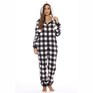 Just Love Womens One Piece Buffalo Plaid Adult Bodysuit Faux Sherling Lined Hoody Pajamas - 1 of 3