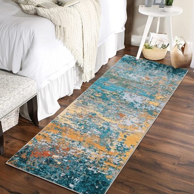 Abstract Machine Washable Rug with Rubber Backing for Living Room Stain Resistant Accent Rug Low Pile Ultra Soft Non Slip Rug
