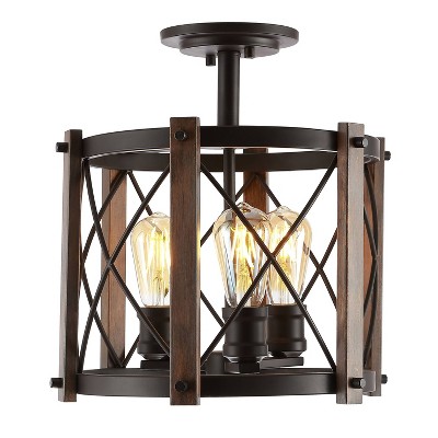 14" 3-Light LED Adjustable Iron Ferme Rustic Farmhouse Pendant Brown/Oil Rubbed Bronze - JONATHAN Y