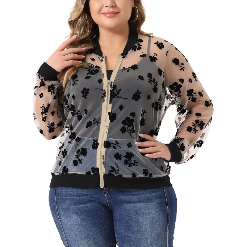 Agnes Orinda Women's Plus Size Bomber Mesh Sheer Floral Lace Long Sleeve Fashion Jackets, 2 of 6