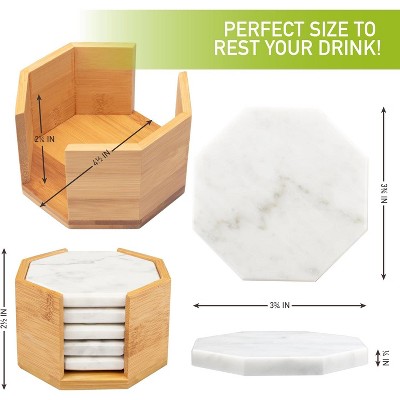 White Carrara Marble Coasters with Bamboo Holder - Set of 5