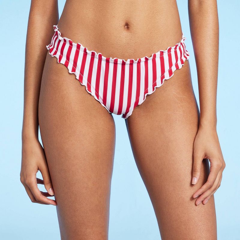 Women's Striped Ruffle Cheeky Bikini Bottom - Shade & Shore™ Red/White, 1 of 7