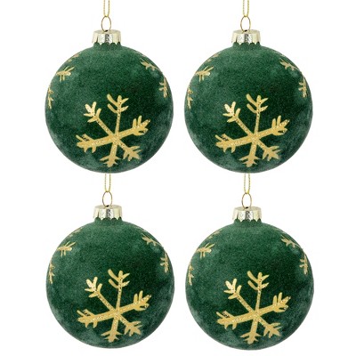 Northlight Velvet Glass Christmas Ball Ornaments with Gold Snowflakes - 3" (80mm) - Green - 4ct