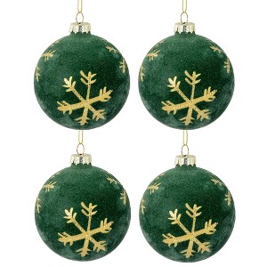 Northlight Velvet Glass Christmas Ball Ornaments with Gold Snowflakes - 3" (80mm) - Green - 4ct - 1 of 4