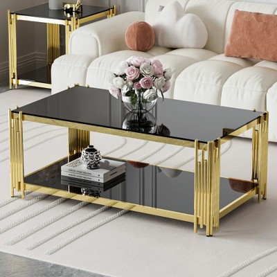 Dolonm Modern Luxury Black Coffee Table for Living Room, Gold Stainless Steel Leg Rectangle 8mm Thick Black