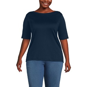 Lands' End Women's Supima Cotton Elbow Sleeve Boatneck Button Shoulder Tee - 1 of 4