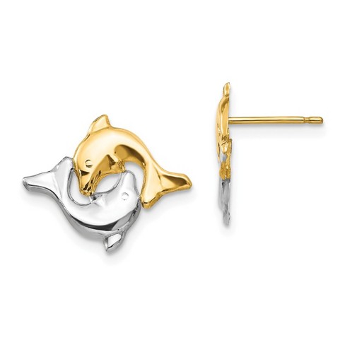 Black Bow Jewelry Two-Tone Frolicking Dolphins Post Earrings in 14k Gold and Rhodium - image 1 of 4