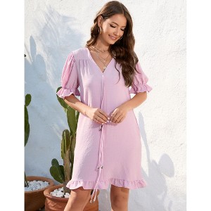 Women's V Neck Puff Sleeve Mini Dress Bow Detail Flowy Summer Party Dress Casual Sundress - 1 of 4