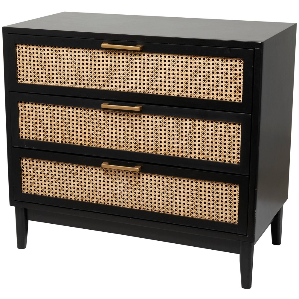 Olivia & May 32" Wood 3 Drawer Cabinet with Cane Front Drawers and Gold Handles Black: Rattan Feature, No Assembly Required