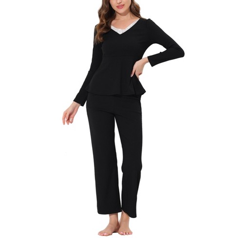 Cheibear Womens Sleepwear Lounge Ribbed Knit Peplum Tops With Lace Long Sleeve  Pajamas Set Black X Small : Target