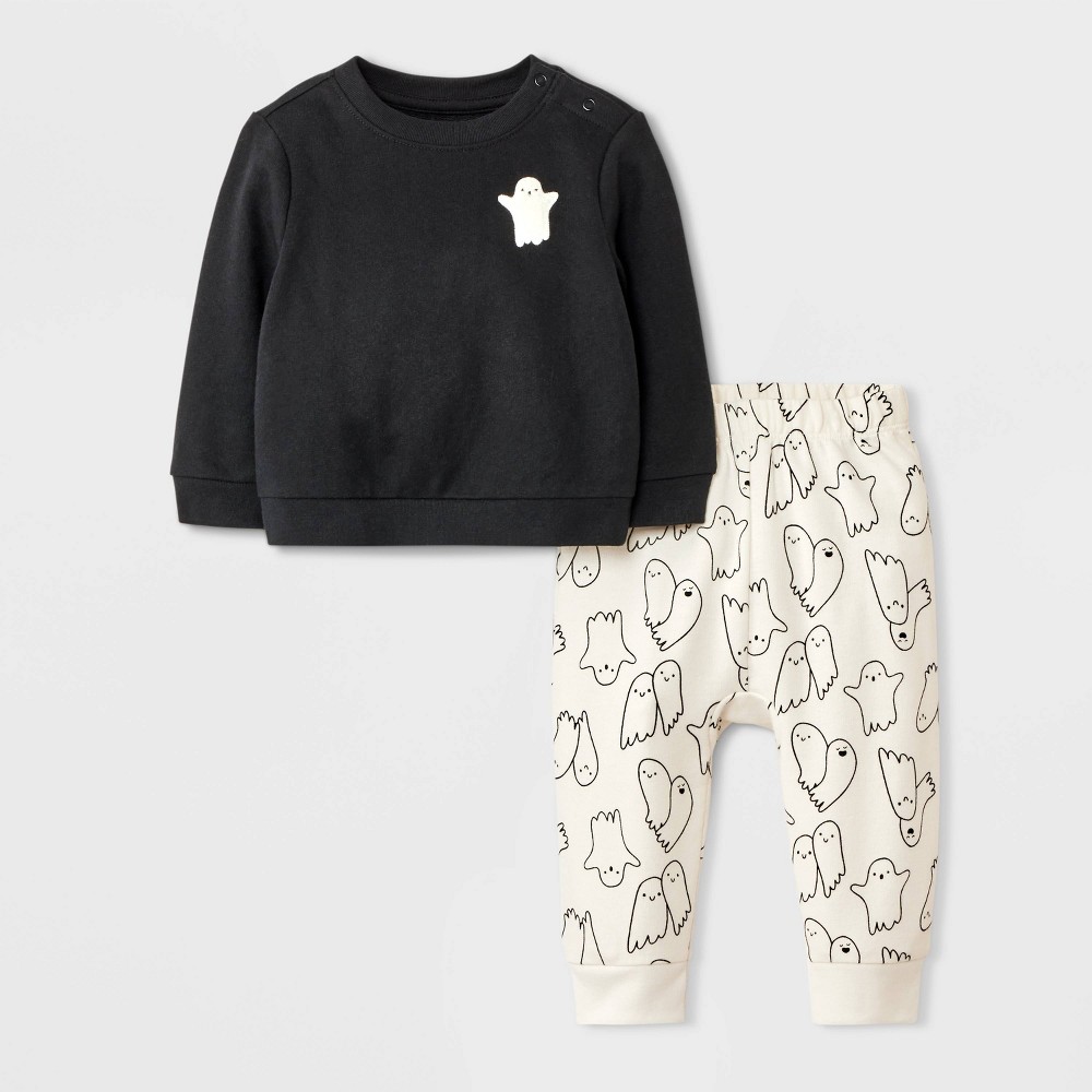 Baby 2pc Halloween Ghost Friends French Terry Sweatshirt & Jogger Pants Set - Cat & Jack™ Black 18M