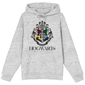 Harry Potter Black & White Hogwarts Crest Adult Athletic Heather Long Sleeve Hooded Sweatshirt - 1 of 2