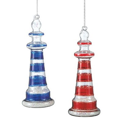 Ganz 5" Seaside Escape Nautical Glitter Striped Glass Lighthouse Christmas Ornament - Red