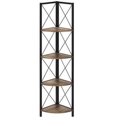 Vynxaria 60" Corner Etagere Bookshelf - Modern 4-Tier Bookcase with Brown Finish