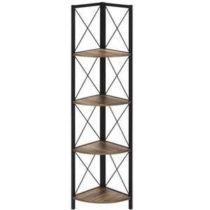 Vynxaria 60" Corner Etagere Bookshelf - Modern 4-Tier Bookcase with Brown Finish - 1 of 4