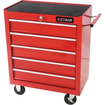 5-Drawer Rolling Tool Cart, Heavy-Duty Steel Storage Cabinet with Locking Wheels, Multifunctional Workshop Organizer for Garage & Warehouse, Red