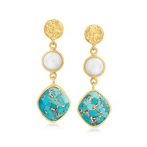 Ross-Simons Turquoise and 7mm Cultured Pearl Drop Earrings in 18kt Gold Over Sterling - 1 of 3