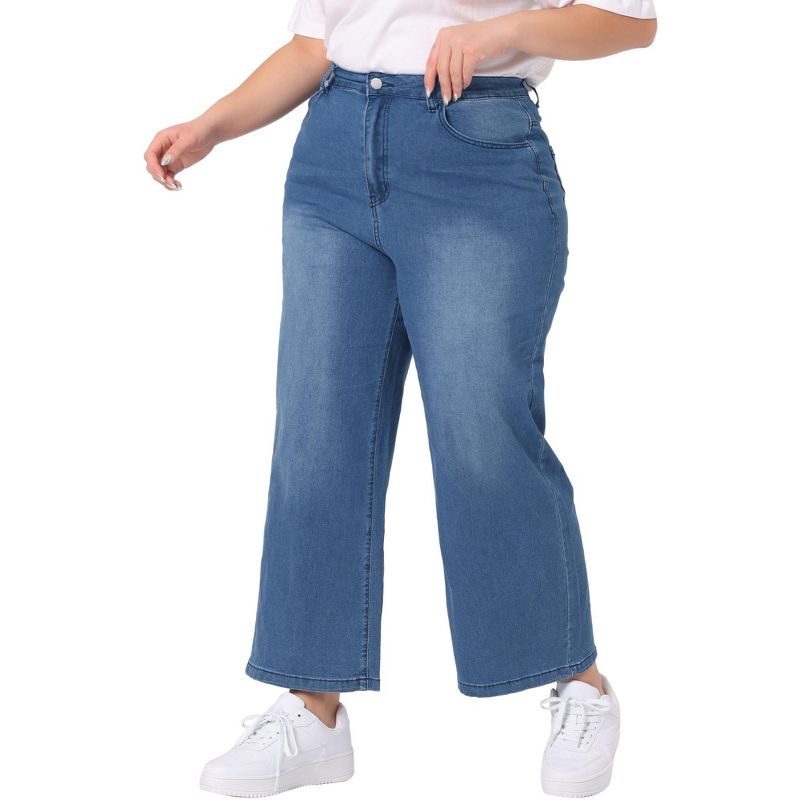 Agnes Orinda Women's Plus Size High Waist Stretchy Washed Button Casual Wide Leg Palazzo Jeans, 2 of 5