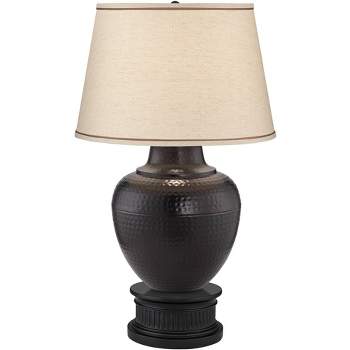Barnes and Ivy Brighton Rustic Farmhouse Table Lamp with Black Round Riser 31 1/2" Tall Bronze Metal Beige Drum Shade for Bedroom Living Room Bedside
