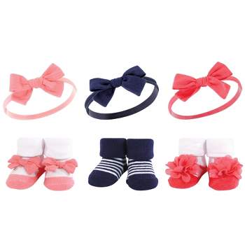 Hudson Baby Infant Girl Headband and Socks Giftset, Navy Coral, One Size