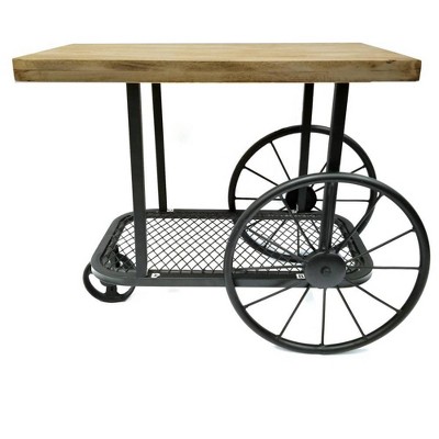 Industrial Design End Table with Wooden Top and Metal Wheels Base Black/Brown - Benzara