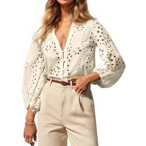 Imily Bela Women's deep V-neck hollow-out blouse, 3/4 puff sleeves, front button design, spring and autumn blouse - 1 of 4