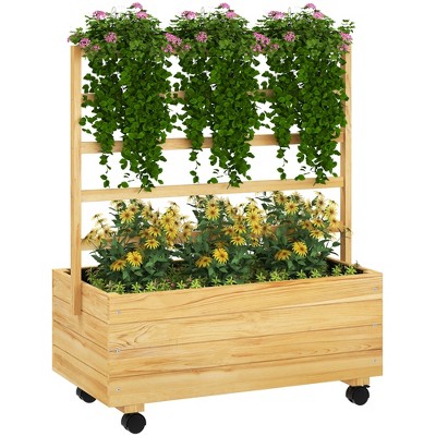 Outsunny Wooden Garden Planter with Trellis and Wheels, Freestanding Garden Box for Garden, Patio, Balcony, Natural